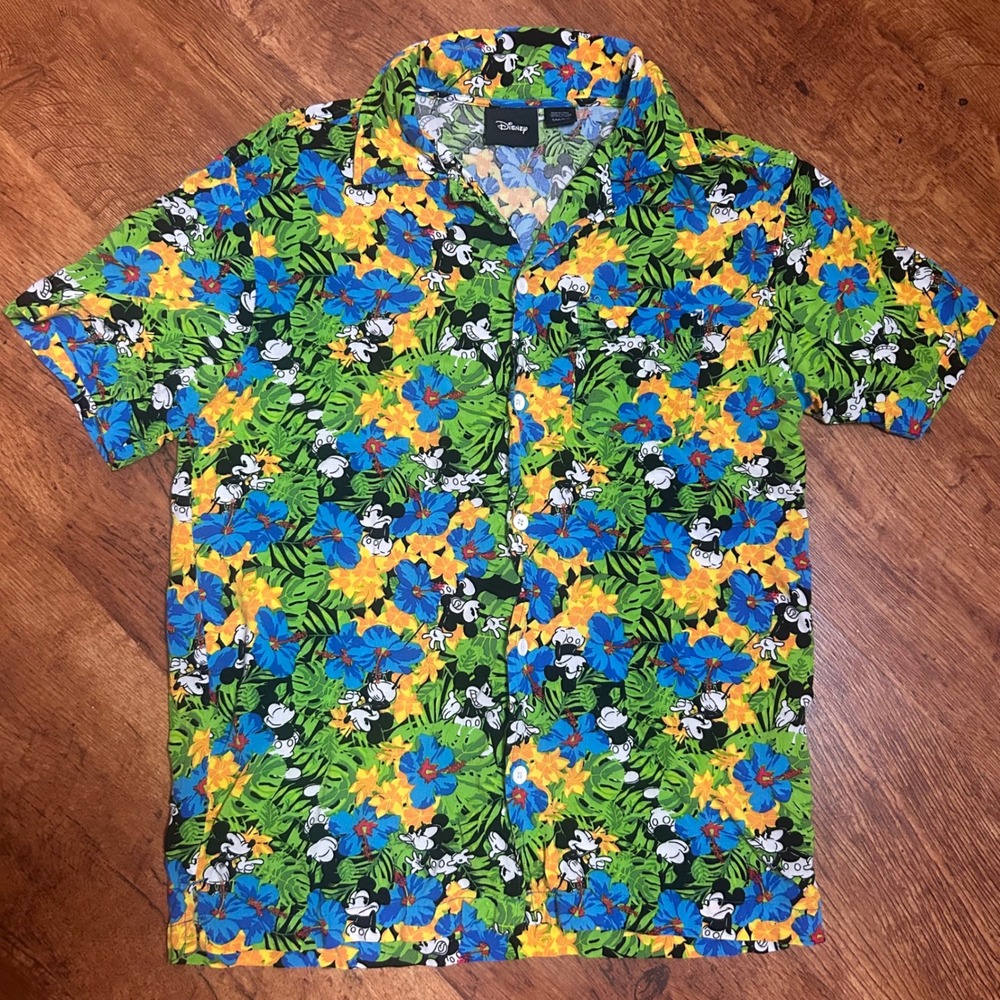 Disney Mickey Mouse Tropical Hawaiian Blue Hibiscus Floral Green aloha shirt